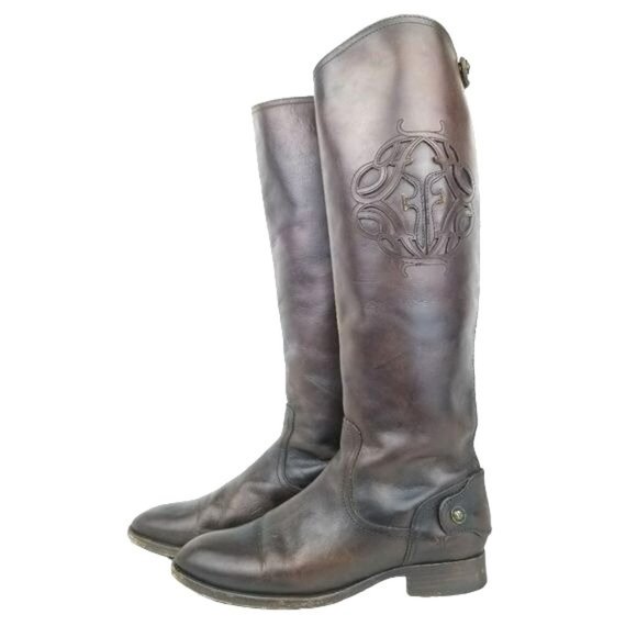 Frye Logo Embossed Melissa back button zip tall Riding Boots womens 6 - Picture 1 of 16